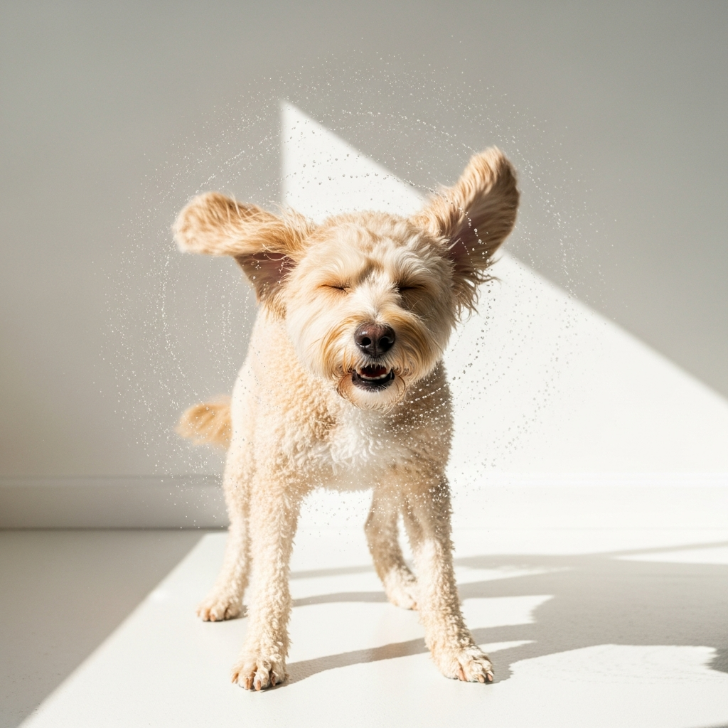 Happy poodle mix after a full groom