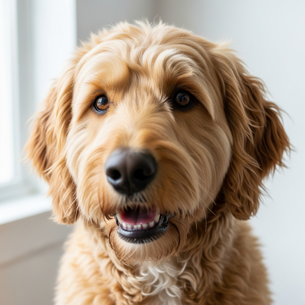 Freshly groomed doodle with a soft, shiny coat